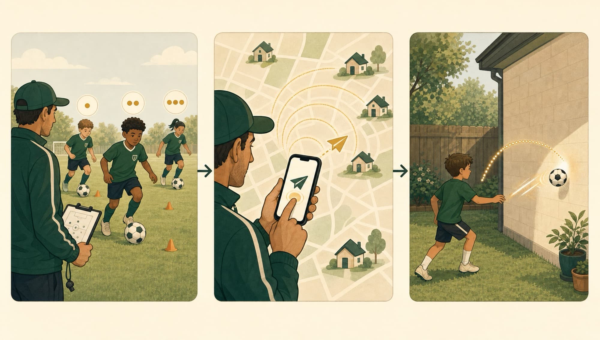 Three panels: a coach assessing young players, the assessment radiating out to families, and a child training in their garden
